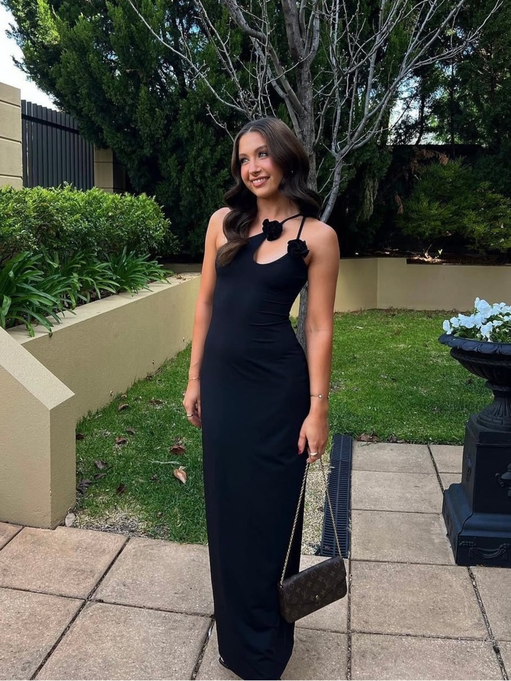 Maygel Coronel Celosia Rosette Strappy One Shoulder Maxi Dress Gown Black